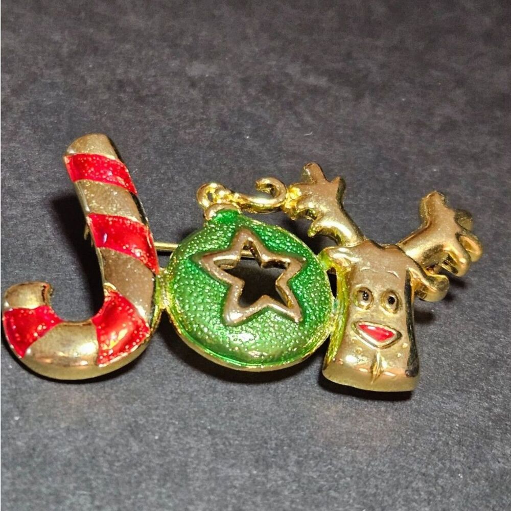 Vintage Danecraft Gold Tone Joy Holiday Brooch Red Green Enamel